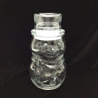 Vintage Clear Glass Snowman Jar Winter Holiday Candy Nuts Cookies Top Hat Lid