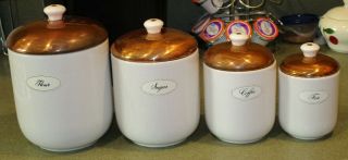 Four Piece Ceramic Canister Set With Copper Lids Made In Portugal