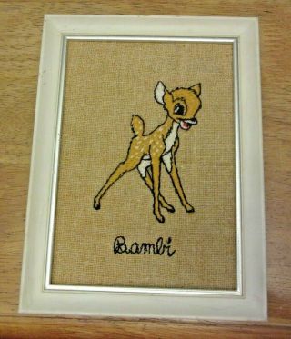 Vintage Bambi Walt Disney Productions Embroidered Framed Hopsack