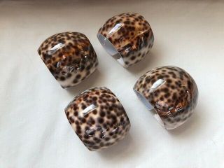 Set Of Four Vintage Tiger Leopard Spot Cowrie Sea Shell Napkin Ring Holders