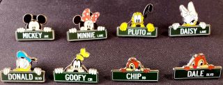 Disney Wdw “street Signs " Set Of 7 Pins - Mickey,  Minnie,  Pluto,  Daisy,  Etc.