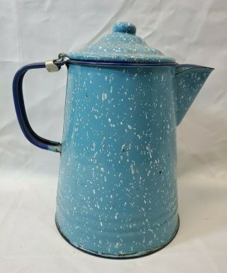 Vintage Enamel Ware Sky Blue White Speckled Metal Coffee Pot Stove Top Camping