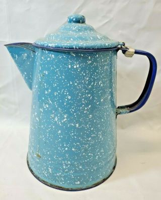 Vintage Enamel Ware Sky Blue White Speckled Metal Coffee Pot Stove Top Camping 2