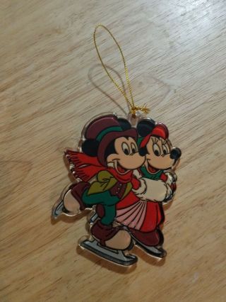 Mickey Mouse Minnie Ornament Christmas Ice Skating Vintage Acrylic Disney Rare