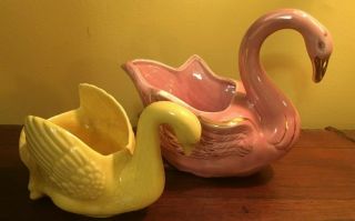 2 Vintage Hollywood Regency Swan Planter Mid Century Yellow,  Pink Gold 1950s