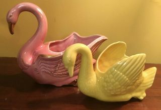 2 Vintage Hollywood Regency Swan Planter Mid Century Yellow,  Pink Gold 1950s 2