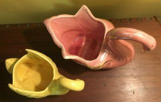 2 Vintage Hollywood Regency Swan Planter Mid Century Yellow,  Pink Gold 1950s 3
