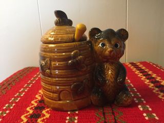 Vintage Bear Hive Honey Pot Jar Bees With Spoon Dipper.  Japan.  Perfect