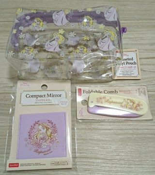 Daiso Disney Princess Rapunzel Cosmetics Set (pouch,  Mirror,  Comb) Kawaii