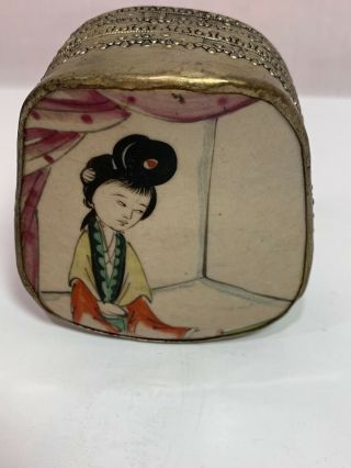 Vintage Chinese Enamel Trinket Box Painted With Chinese Lady