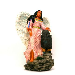 Figurine Native American Indian Woman Maiden Angel Bison Buffalo Statue Resin