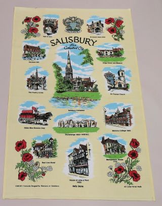 Vintage Cotton Tea Towel Souvenir Of Salisbury