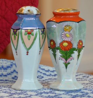 Art Deco Salt & Pepper Shakers Vintage Luster Ware Flowers Made In Japan 3 7/8 "