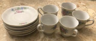 Set Of 5 Tea Cups With 9 Saucers Pink Blue Floral Made In Occupied Japan