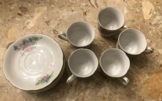Set of 5 Tea Cups with 9 Saucers Pink Blue Floral Made in Occupied Japan 3