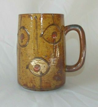Vtg Ceramic Speckle Glazed Coffee Cup Mug Brown Yellow Mid Century Circles