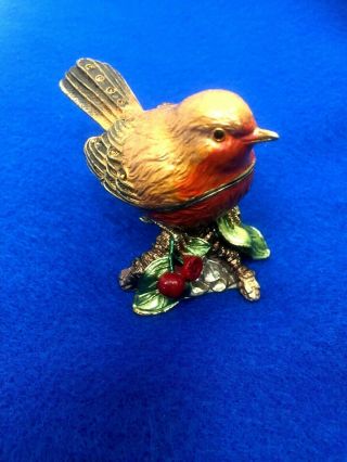 Jeweled Enameled Metal Bird Trinket Box With Crystals Hand Painted Solid