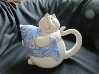 Vintage 1970s Fitz & Floyd Cat With A Fish Teapot 4 Cup Capacity Price