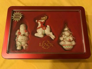 2003 Lenox Santa Reindeer Tree Ornaments Tin Box Set Of 3 Collectibles 3 " Mib