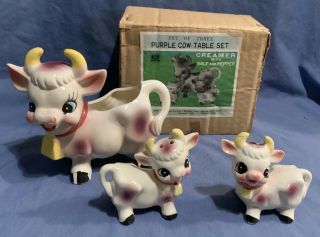 Vintage 3 Pc Purple Cow Table Set Creamer Salt & Pepper Japan