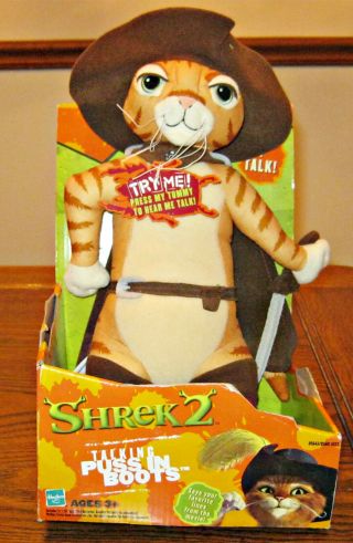 Talking Puss In Boots Shrek 2 Movie Hasbro Cat Plush Stuffed 12 " - Says 8 Lines