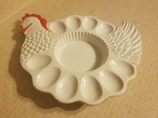 Vintage Rooster Chicken Deviled Egg Plate Platter Ceramic Decor