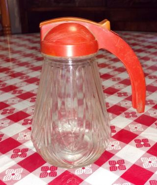 Vintage Red Plastic And Pressed Glass Art Deco Style Syrup Pitcher