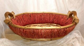 Vintage Red Woven Wicker Bamboo Basket Wood Handles Large Rustic Christmas 14”