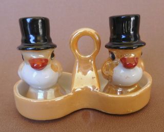 Vintage Lustre Tiny Birds In Top Hats Salt & Pepper Shakers/cruet Set