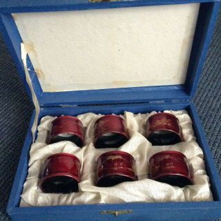 Set 6 Vintage Oriental Napkin Rings Burgandy W/gold Trim Graphics T Box