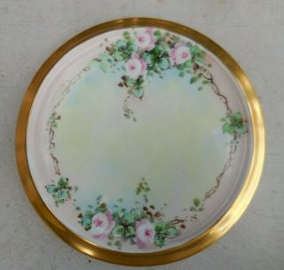 Vintage Hand Painted Porcelain Trivet Teapot Hot Plate Pink Roses Gold Rim