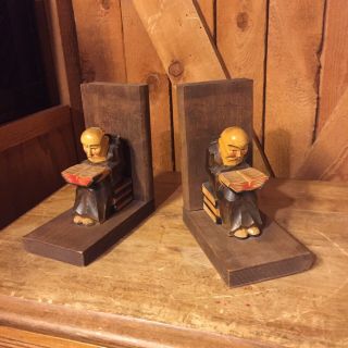 VINTAGE CARVED Wood Wooden Reading MONK BOOKENDS Book Ends 2