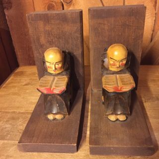 VINTAGE CARVED Wood Wooden Reading MONK BOOKENDS Book Ends 3