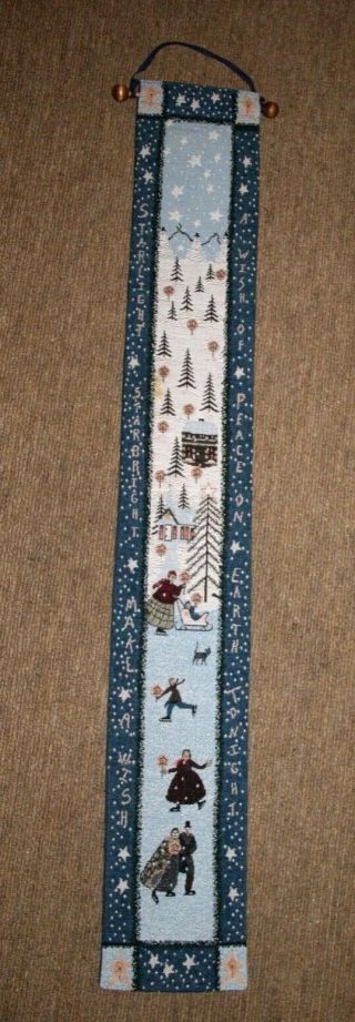 Christmas Tapestry Bell Pull " Starry Night " Ice Skaters Trees Snowmen Stars