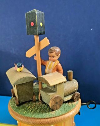Anri Carved Wood W/ Thorens Swiss Movement Music Box Boy Train Bird Arrivederci