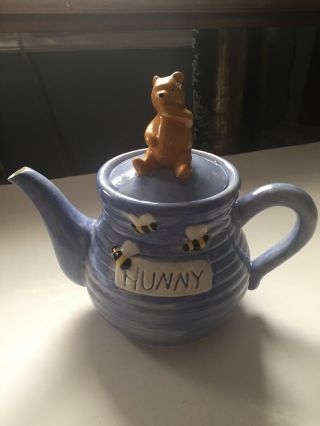 Disney Treasure Craft Hunny Pot Winnie The Pooh Bear Blue Teapot Honey Bees