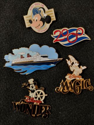 Disney Cruise Line Memory Box Set/5 Trading Pins 2000,  Magic,  Wonder,  Capt.  Mick