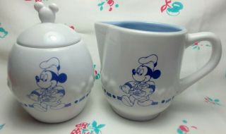 Mickey Mouse Gourmet Mickey White And Blue Sugar Bowl & Creamer Set - Euc