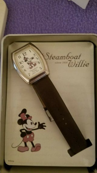 Disney Mickey Mouse Steamboat Willie Watch W/ Leather Band In Tin Box Worn Once