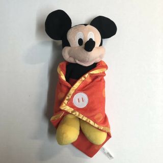Disney Mickey Mouse 13” Plush Toy With Small Orange Wrap Up Toy Lovey Blanket