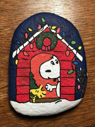 Hand Painted Rock Snoopy Woodstock Dog House Christmas Peanuts River Stone Art