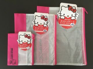 Sanrio Hello Kitty Mesh Case Of 3 Size Kawaii Pink Zipper Bag F/s From Japan