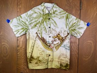 Wdw Disney Hawaiian Tiki Shirt Featuring Mickey Mouse On Beach W/ Palm Trees Xl