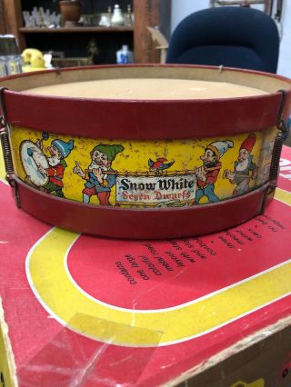 Antique J.  Chein & Co Snow White & Seven Dwarfs Tin Drum Made In Usa
