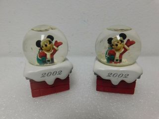 Set Of 2 Mini 2002 Disney Mickey Mouse Santa Chimney Snow Globes Decor Collect