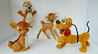 Vintage Walt Disney Productions Flocked Ornaments Hong Kong 2 Bambi,  Dale & Pluto