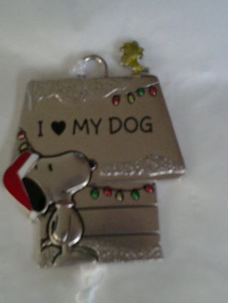 " I Love My Dog " Santa Snoopy & Woodstock Doghouse Pewter Christmas Ornament