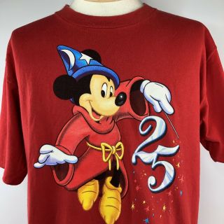 Walt Disney World 25th Anniversary Sorcerer Mickey Mouse Shirt Sz Xl Red Tee