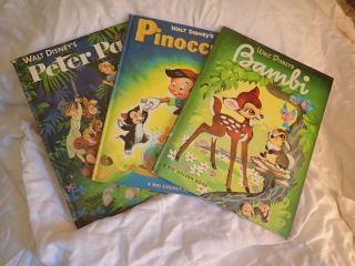 3 Big Golden Books - " Peter Pan  Pinocchio " And " Bambi " Walt Disney