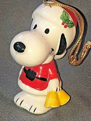 Vintage Peanuts Snoopy In Santa Hat W/ Bells Ceramic Christmas Ornament